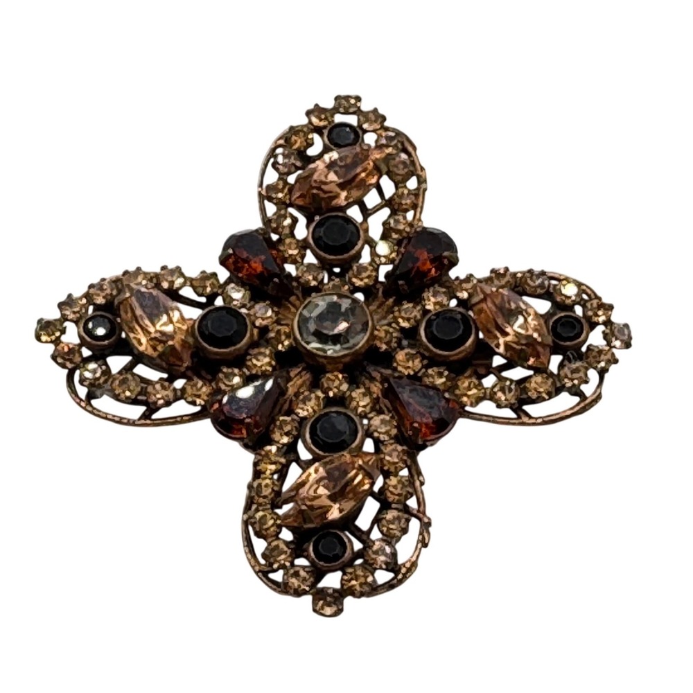 Liz Palacios SF Swarovski Crystal Filigree Cross Brooch Amber Gold Tone Vintage